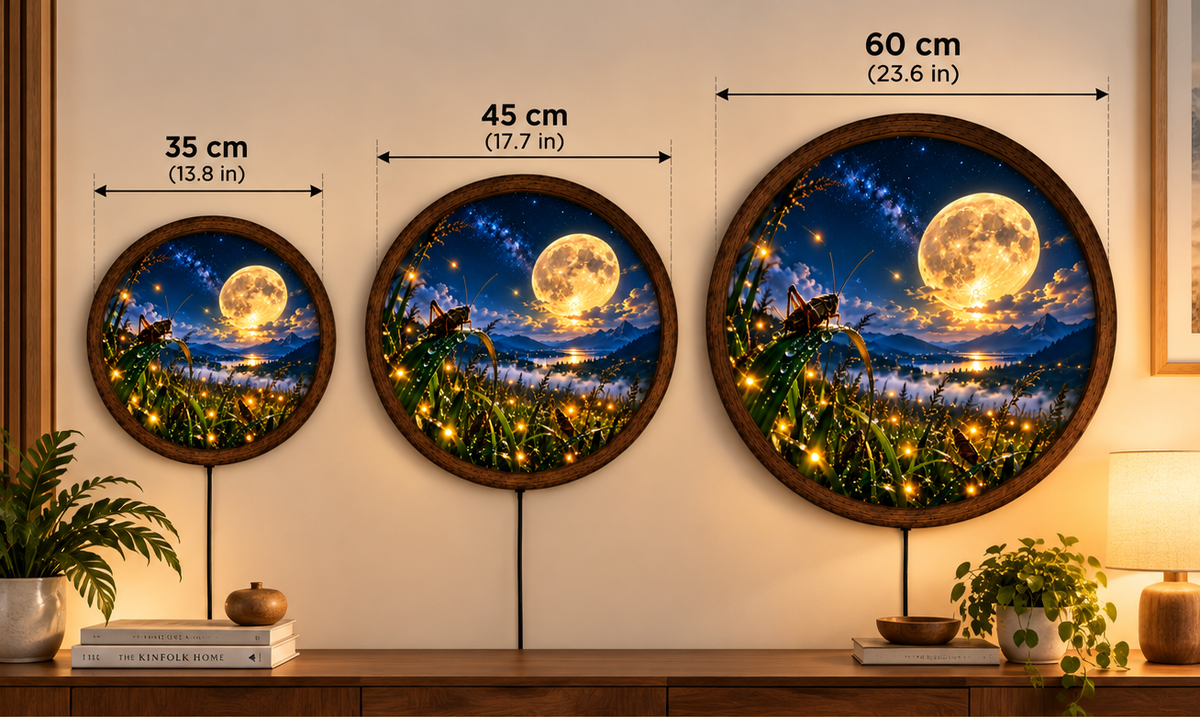 Moonlit Firefly LED Wall Art, Round Lighted Wall Decor, Full Moon Nature Landscape, Glowing Fireflies Wall Art, Rustic Bedroom Decor