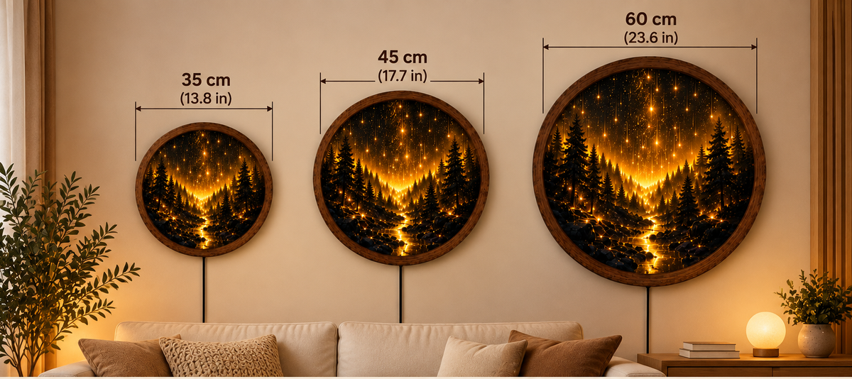 Enchanted Forest LED Wall Art, Golden Starry Night Round Wall Decor, Glowing Pine Forest Light, Celestial Nature Home Decor, Unique Gift