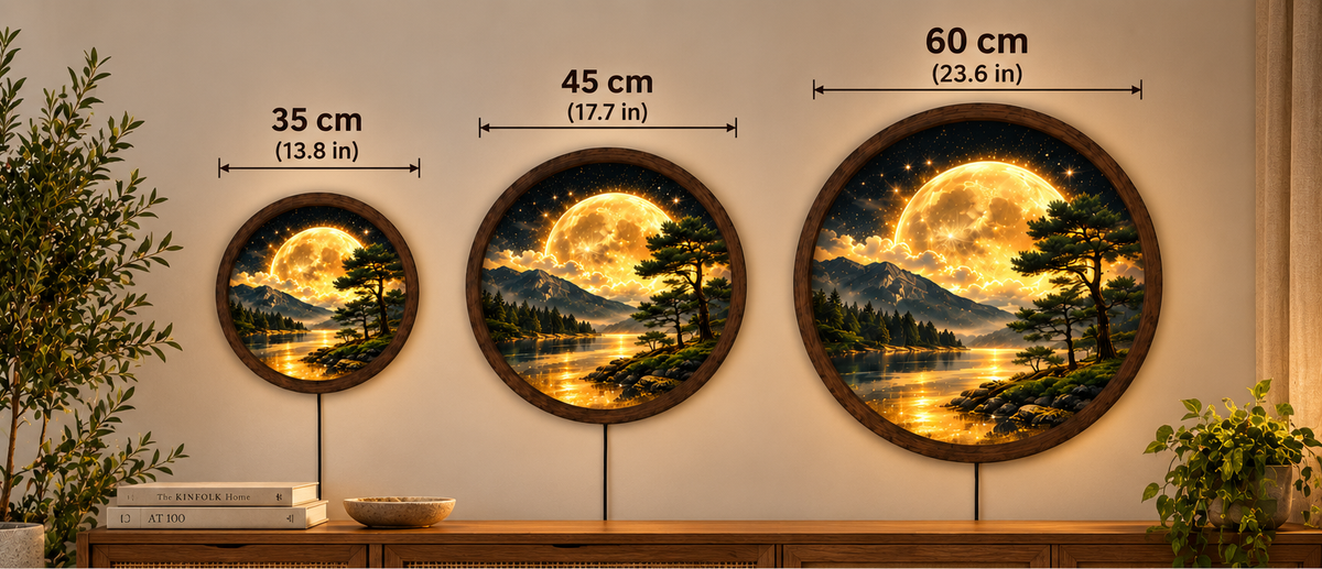 Golden Moon LED Wall Art, Round Mountain Lake Light, Forest Landscape Wall Decor, Glowing Nature Art, Rustic Bedroom Living Room Decor
