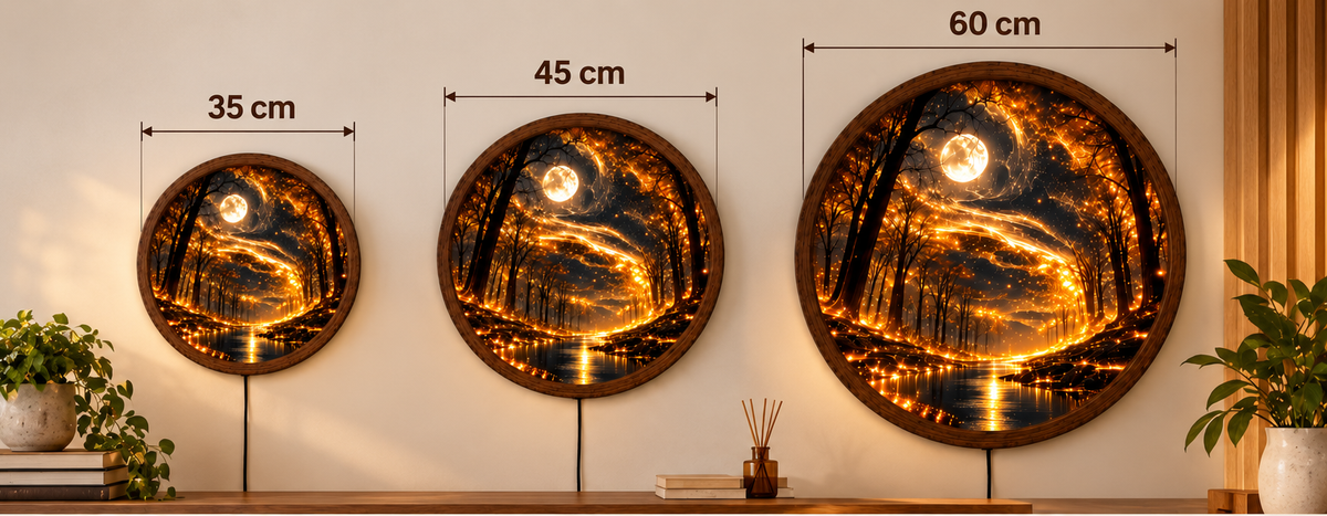 Enchanted Forest LED Wall Art, Glowing Moon Round Wall Light, Magical Woodland Decor, Golden Fantasy Nature Art, Bedroom Living Room Decor
