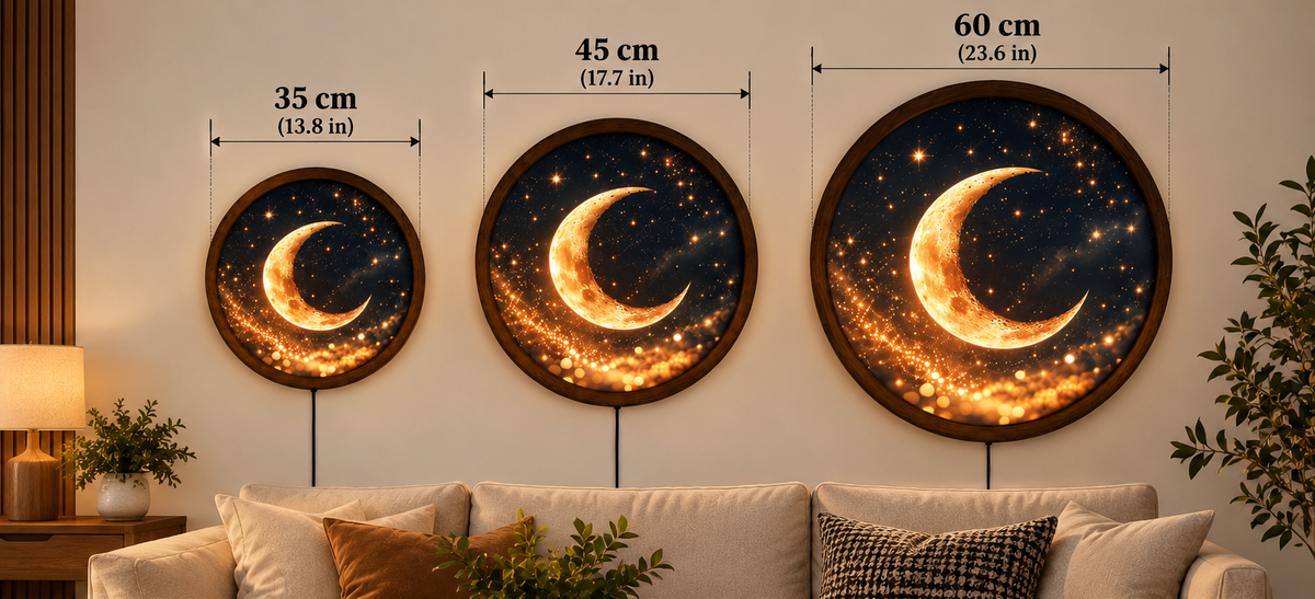 Golden Crescent Moon LED Wall Art, Celestial Round Wall Light, Moon and Stars Decor, Glowing Night Sky Art, Bedroom Living Room Decor