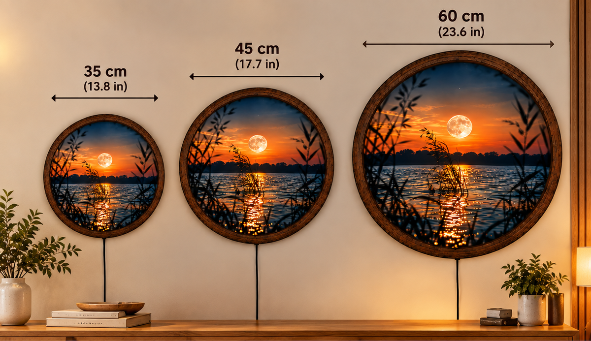 Moon Lake LED Wall Art, Full Moon Sunset Landscape Light, Round Celestial Wall Decor, Glowing Nature Wall Lamp, Peaceful Bedroom Decor