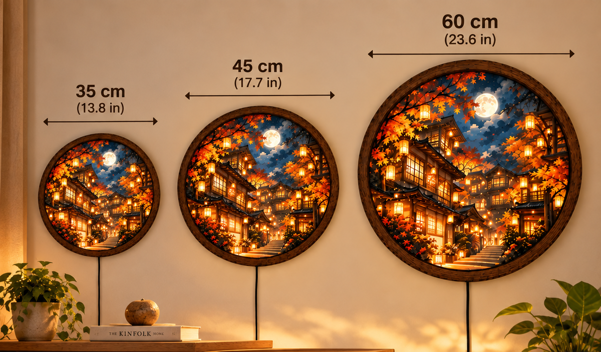 Japanese Autumn LED Wall Art, Full Moon Lantern Village Wall Light, Round Fall Landscape Decor, Glowing Asian Wall Lamp, Cozy Bedroom Decor