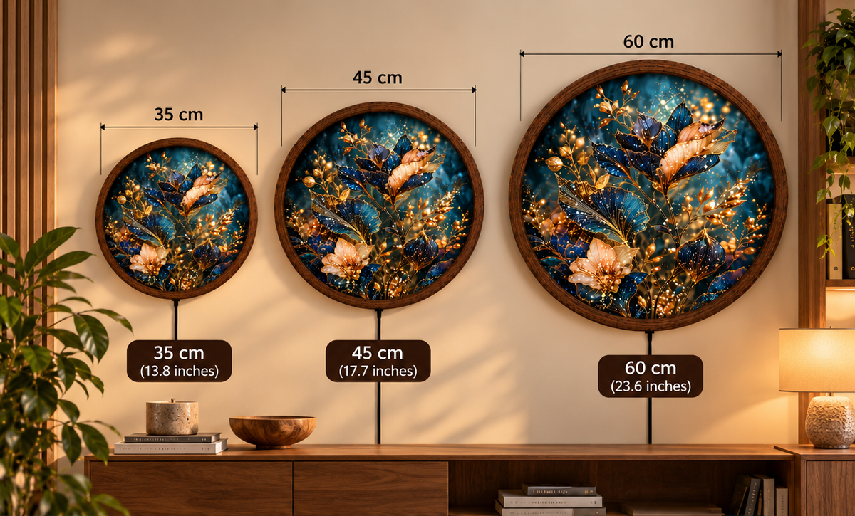 Blue Gold Floral LED Wall Art, Elegant Botanical Round Wall Decor, Glowing Flower Light, Luxury Nature Wall Art, Bedroom Home Decor