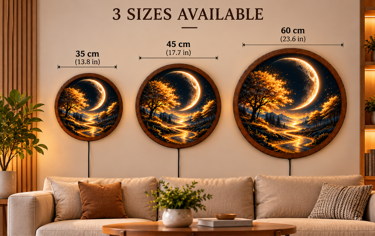 Crescent Moon Tree LED Wall Art, Golden Forest Landscape Round Wall Decor, Mystical Moonlight Art, Nature Light, Bedroom Decor