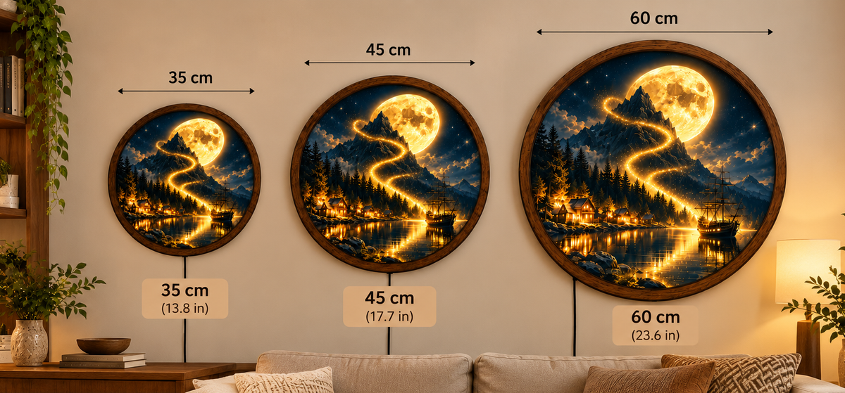 Golden Moon Mountain LED Wall Art, Fantasy Landscape Light, Round Illuminated Nature Decor, Moonlit Ship Wall Lamp, Rustic Cabin Home Decor