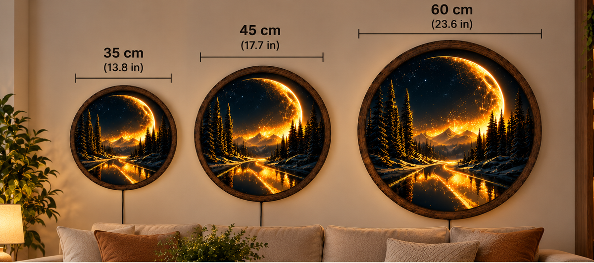 Golden Crescent Moon LED Wall Art, Mountain Forest Landscape Light, Round Illuminated Nature Decor, Celestial Wall Lamp, Rustic Cabin Decor