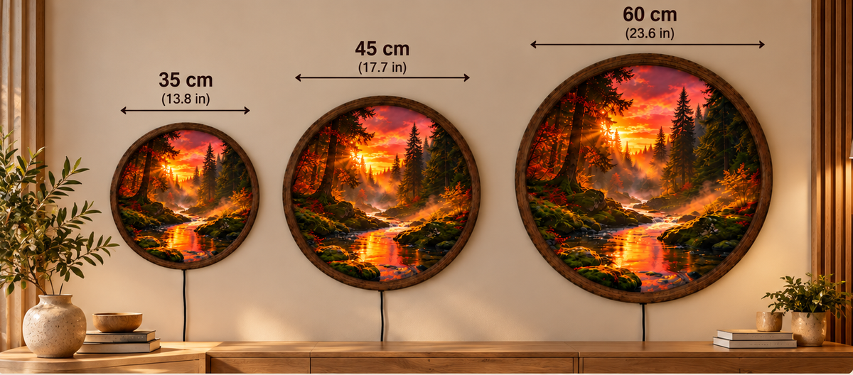 Sunset Forest LED Wall Art, Golden River Landscape Round Wall Light, Glowing Woodland Nature Decor, Cozy Bedroom Living Room Gift