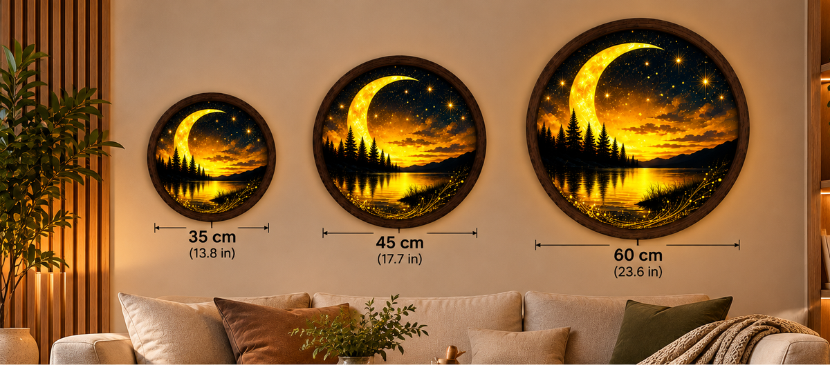 Golden Crescent Moon LED Wall Art, Glowing Starry Night Lake Landscape, Round Illuminated Forest Wall Decor, Fantasy Bedroom Light