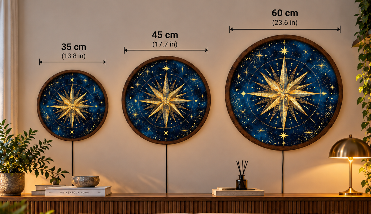Golden Compass Rose LED Wall Art, Celestial Star Wall Light, Navy Blue Nautical Compass Decor, Round Illuminated Wall Lamp