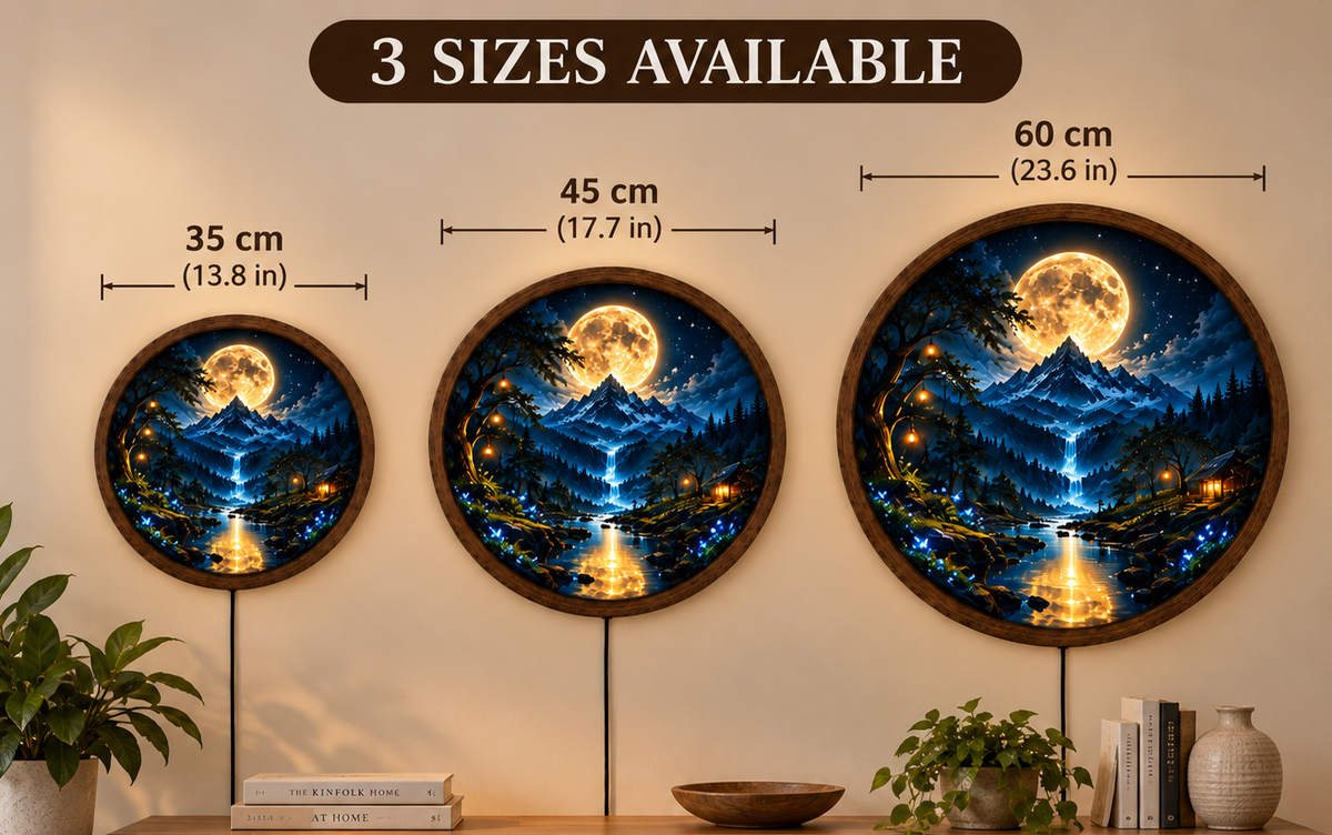Moonlit Mountain LED Wall Art, Fantasy Forest Waterfall Light, Round Celestial Wall Decor, Magical Night Bedroom Lamp