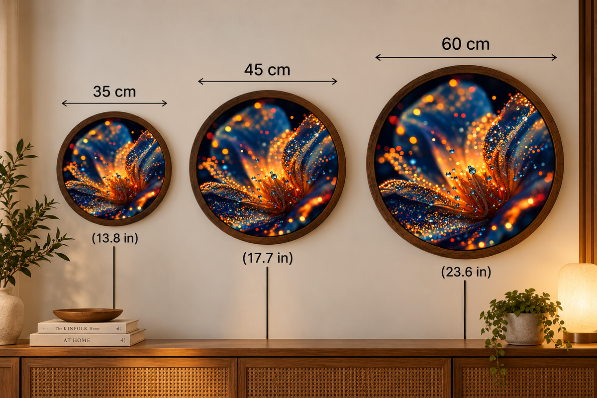 Abstract Floral LED Wall Art, Glowing Orange Blue Flower Light, Round Illuminated Wall Decor, Modern Botanical Lamp, Bedroom Gift
