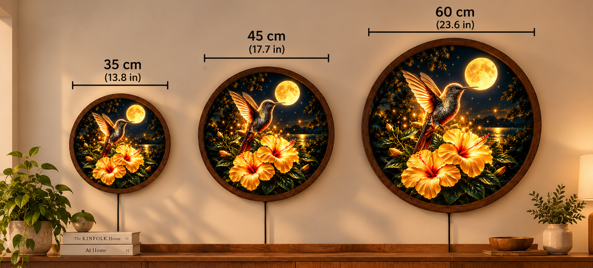 Hummingbird LED Wall Art, Glowing Hibiscus Flower Light, Moonlit Tropical Bird Decor, Round Illuminated Wall Lamp, Bedroom Gift