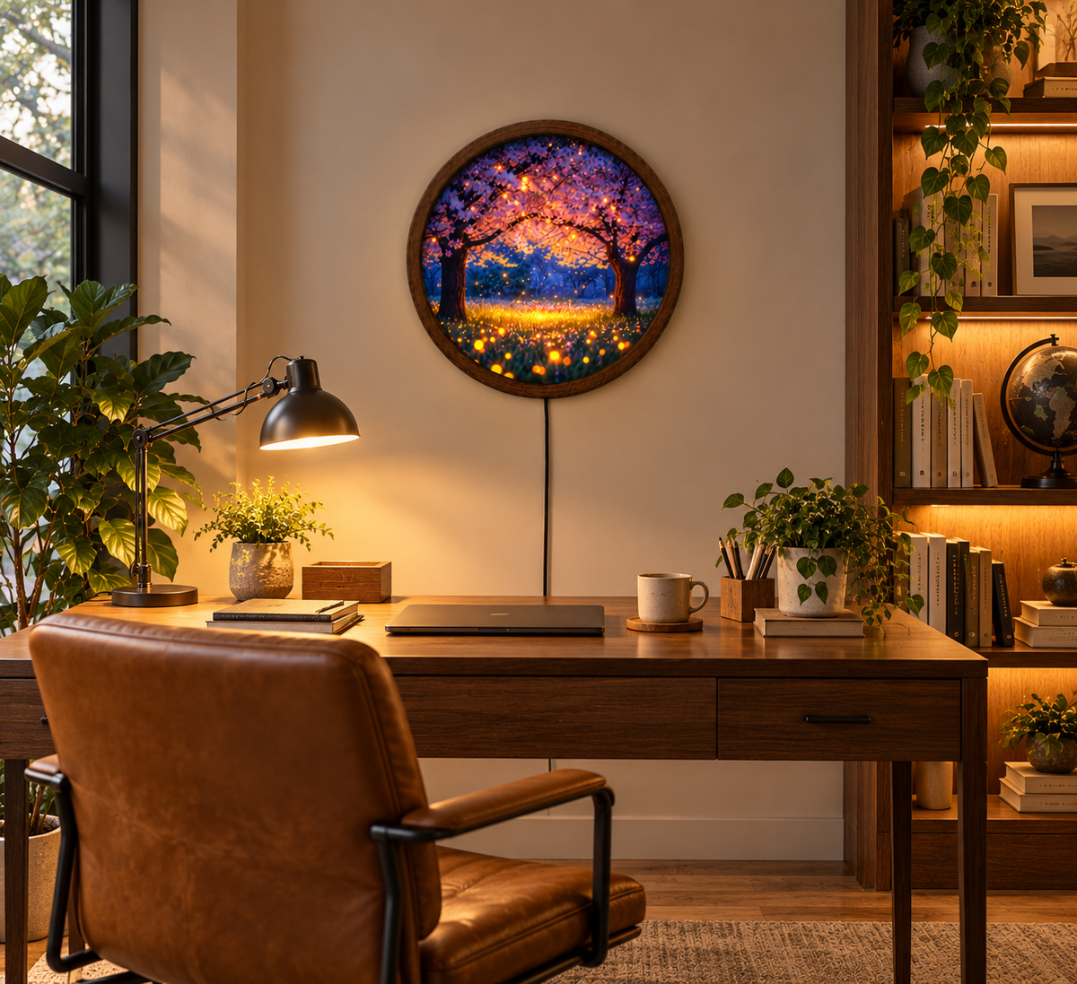 Enchanted Cherry Blossom LED Wall Art, Glowing Firefly Forest Light, Round Illuminated Floral Wall Decor, Fantasy Bedroom Lamp