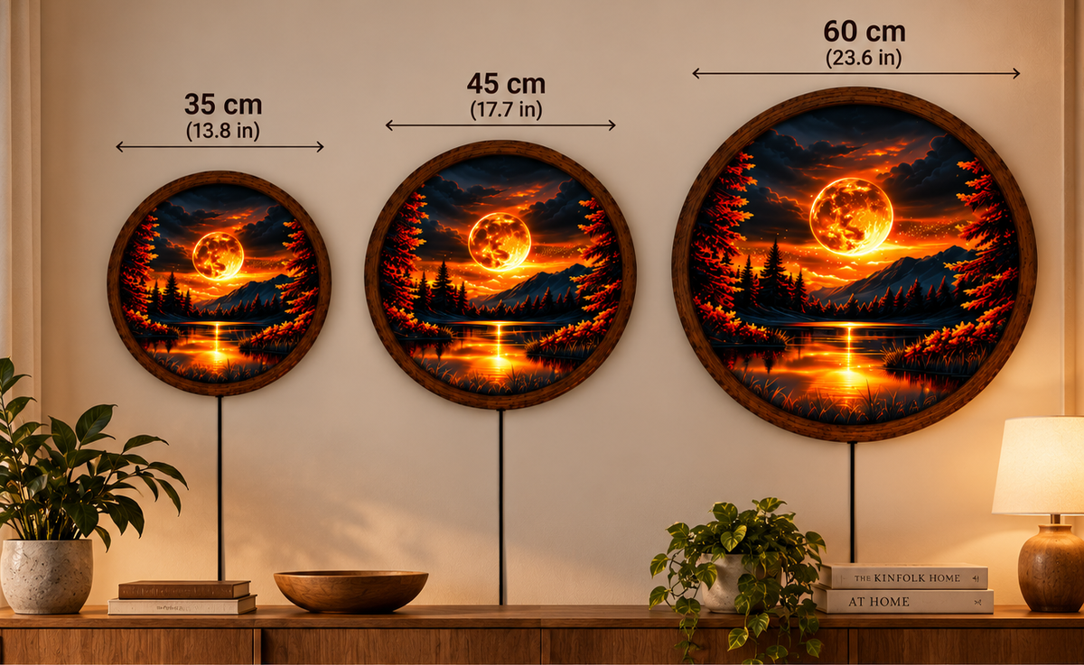 Glowing Golden Moon LED Wall Art, Fantasy Mountain Lake Landscape, Round Lighted Wall Decor, Mystical Forest Wall Lamp, Bedroom Gift