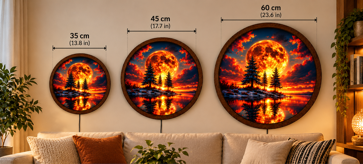Fiery Moon LED Wall Art, Glowing Red Moon Forest Lake Landscape, Round Lighted Wall Decor, Fantasy Nature Wall Lamp, Bedroom Gift