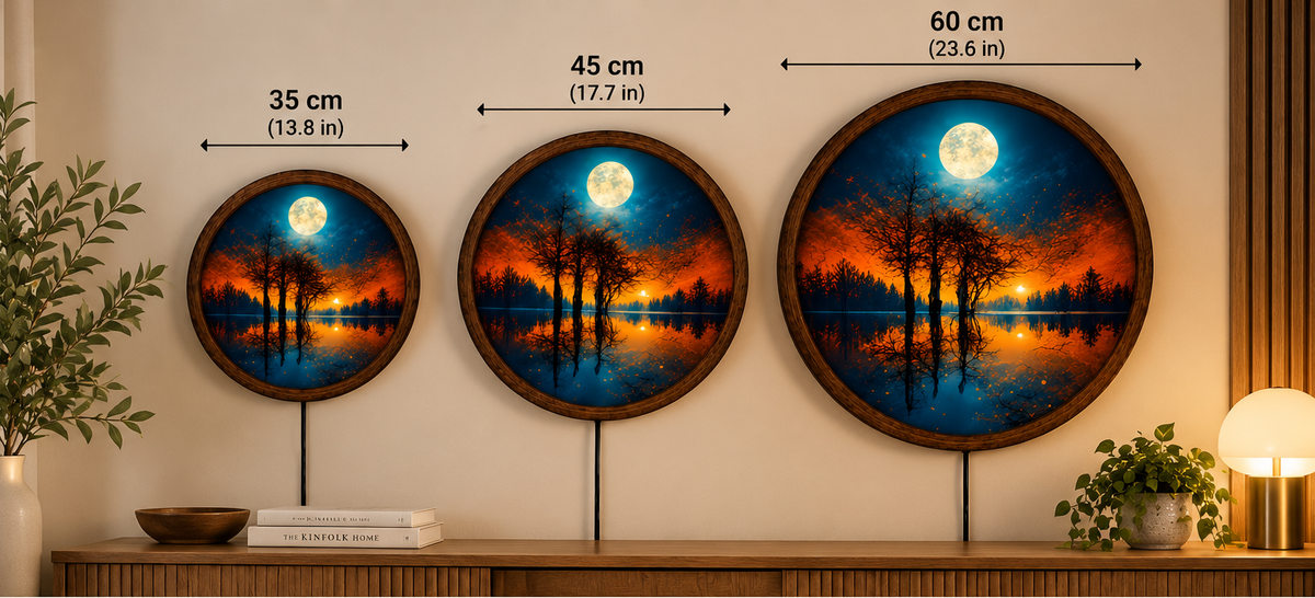 Autumn Moon LED Wall Art, Glowing Full Moon Forest Lake Landscape, Round Lighted Wall Decor, Fall Nature Wall Lamp, Bedroom Gift