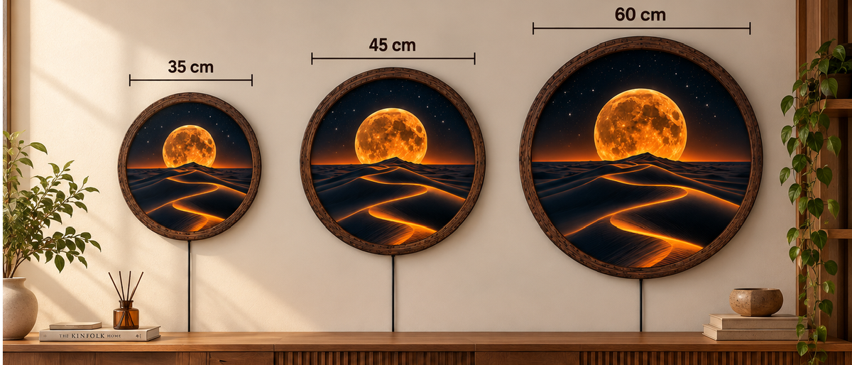 Golden Moon Desert LED Wall Art, Glowing Sand Dunes Landscape, Round Illuminated Wall Decor, Celestial Moonlight Lamp