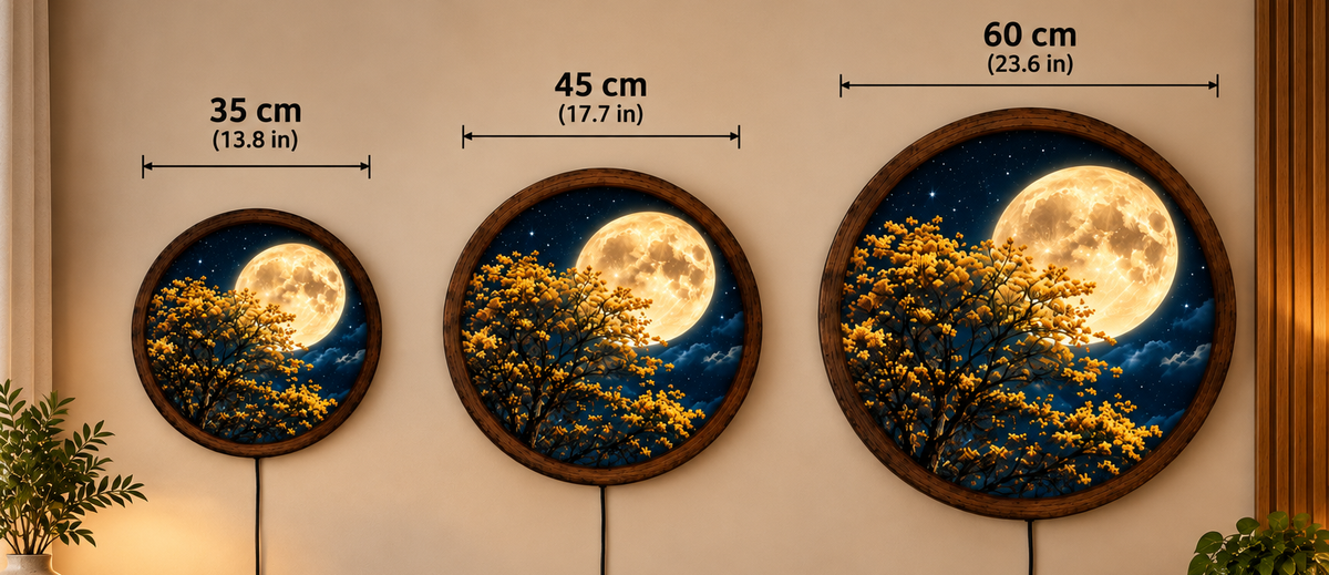 Golden Moon Flower Tree LED Wall Art, Glowing Yellow Blossoms and Full Moon, Round Illuminated Wall Decor