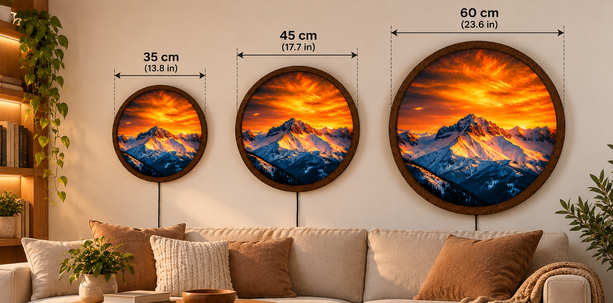 Mountain Sunset LED Wall Art, Snowy Mountain Landscape Light, Round Illuminated Wall Decor, Rustic Nature Wall Lamp
