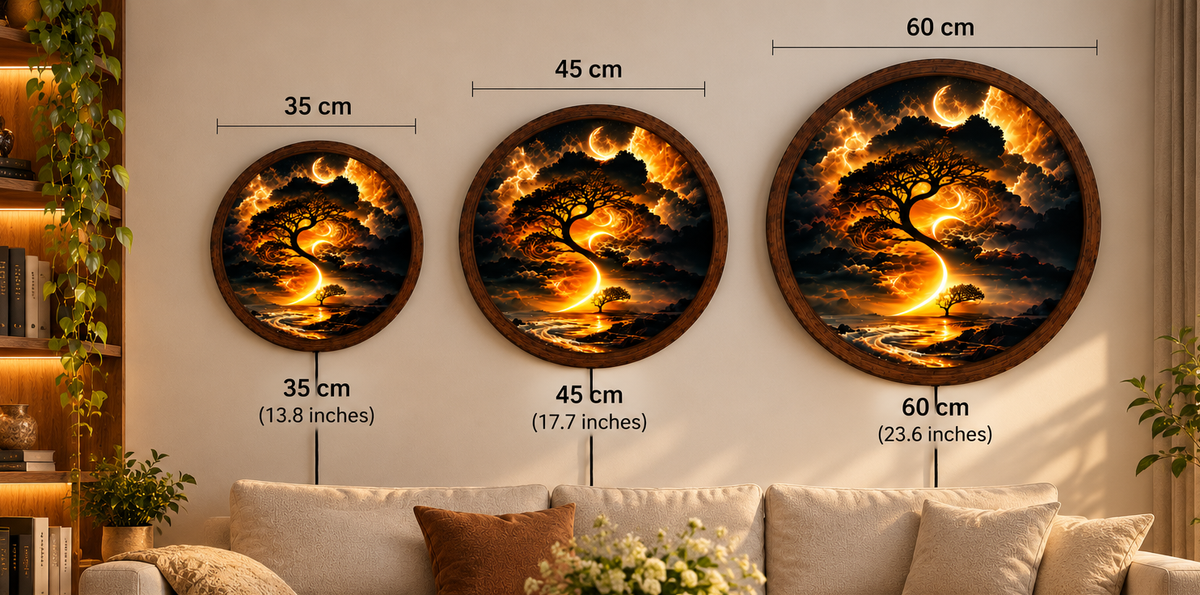 Golden Moon Tree LED Wall Art, Mystical Tree of Life Round Wall Light, Fantasy Celestial Landscape Decor, Illuminated Bedroom Wall Art