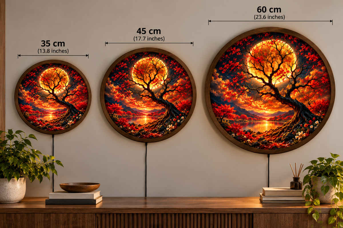 Red Moon Tree LED Wall Art, Glowing Autumn Landscape Round Wall Decor