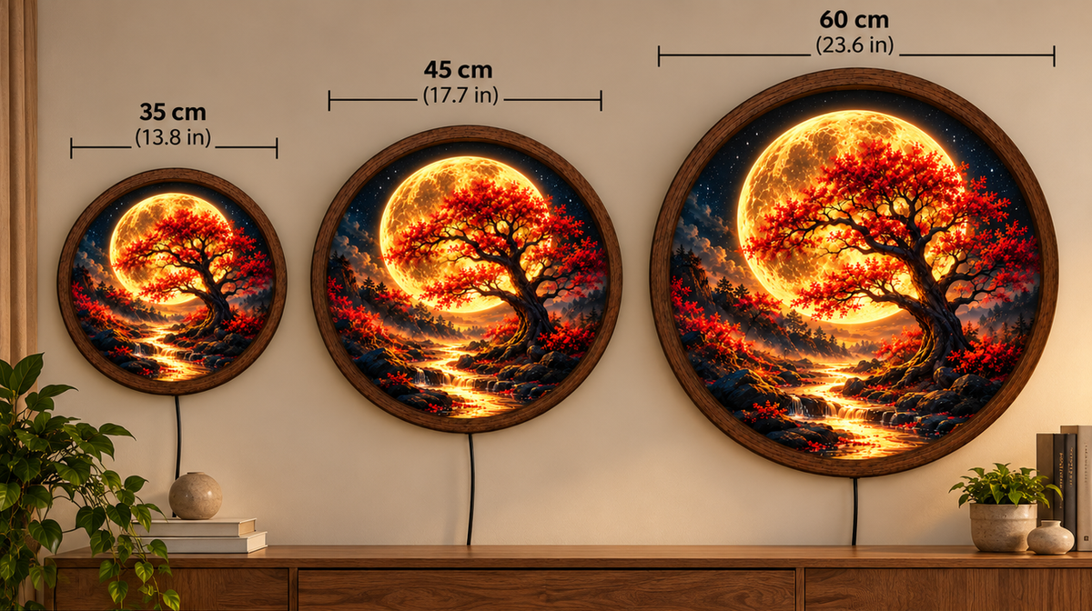 Golden Moon Tree LED Wall Art, Glowing Red Autumn Tree Round Wall Decor