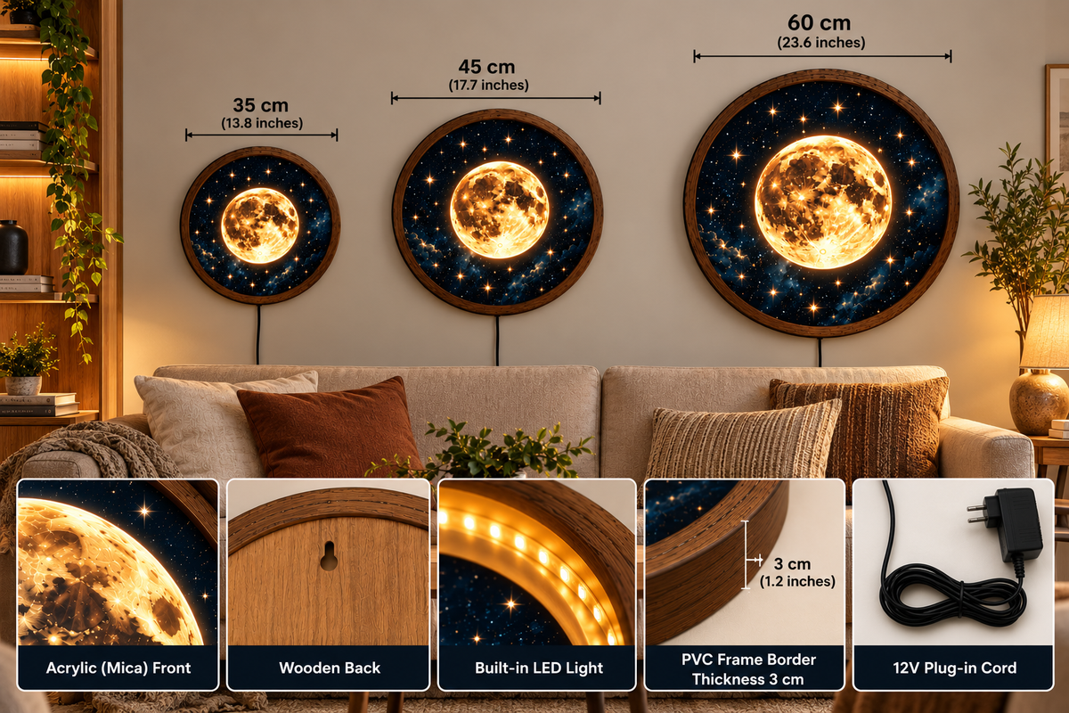 Glowing Full Moon LED Wall Art, Golden Moon and Starry Night Sky Round Wall Decor,