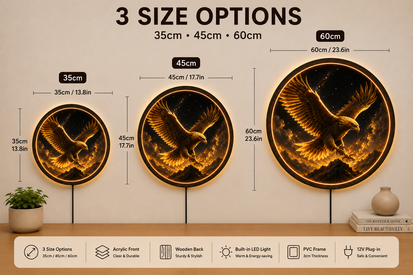 Golden Eagle LED Wall Art, Majestic Eagle Night Light, Round Acrylic Wall Decor, Celestial Home Decoration