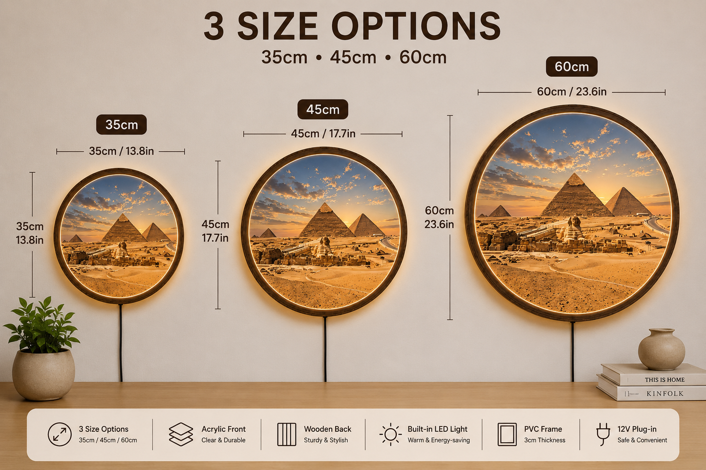 Egypt Pyramid LED Wall Art, Round Wooden Frame Light, Ancient Desert Landscape Decor
