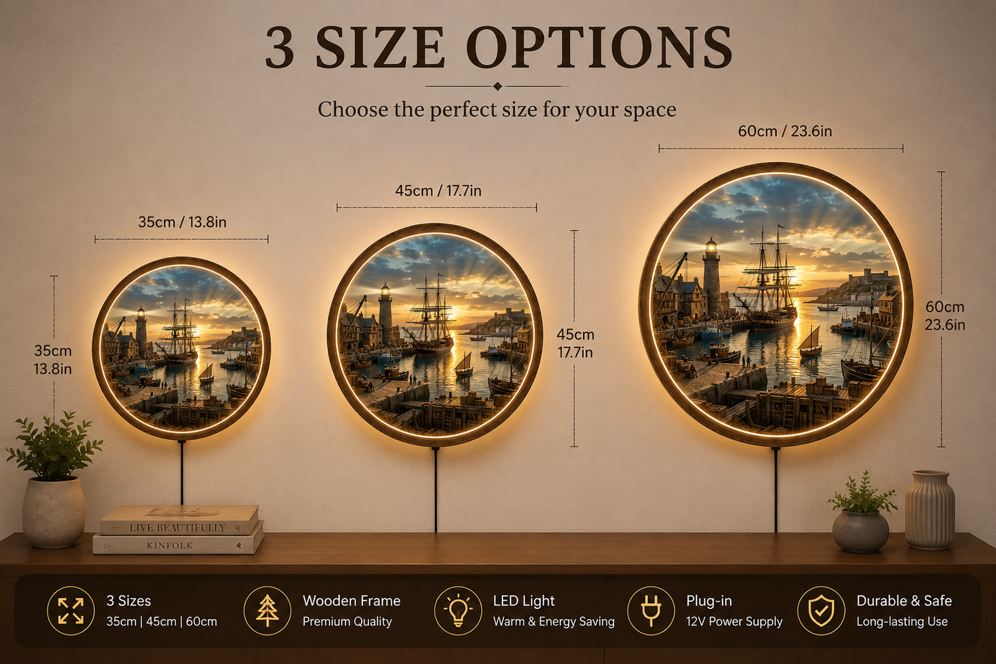 Harbor Sunset LED Wall Decor, Round Coastal Wooden Frame Light, Nautical Wall Art