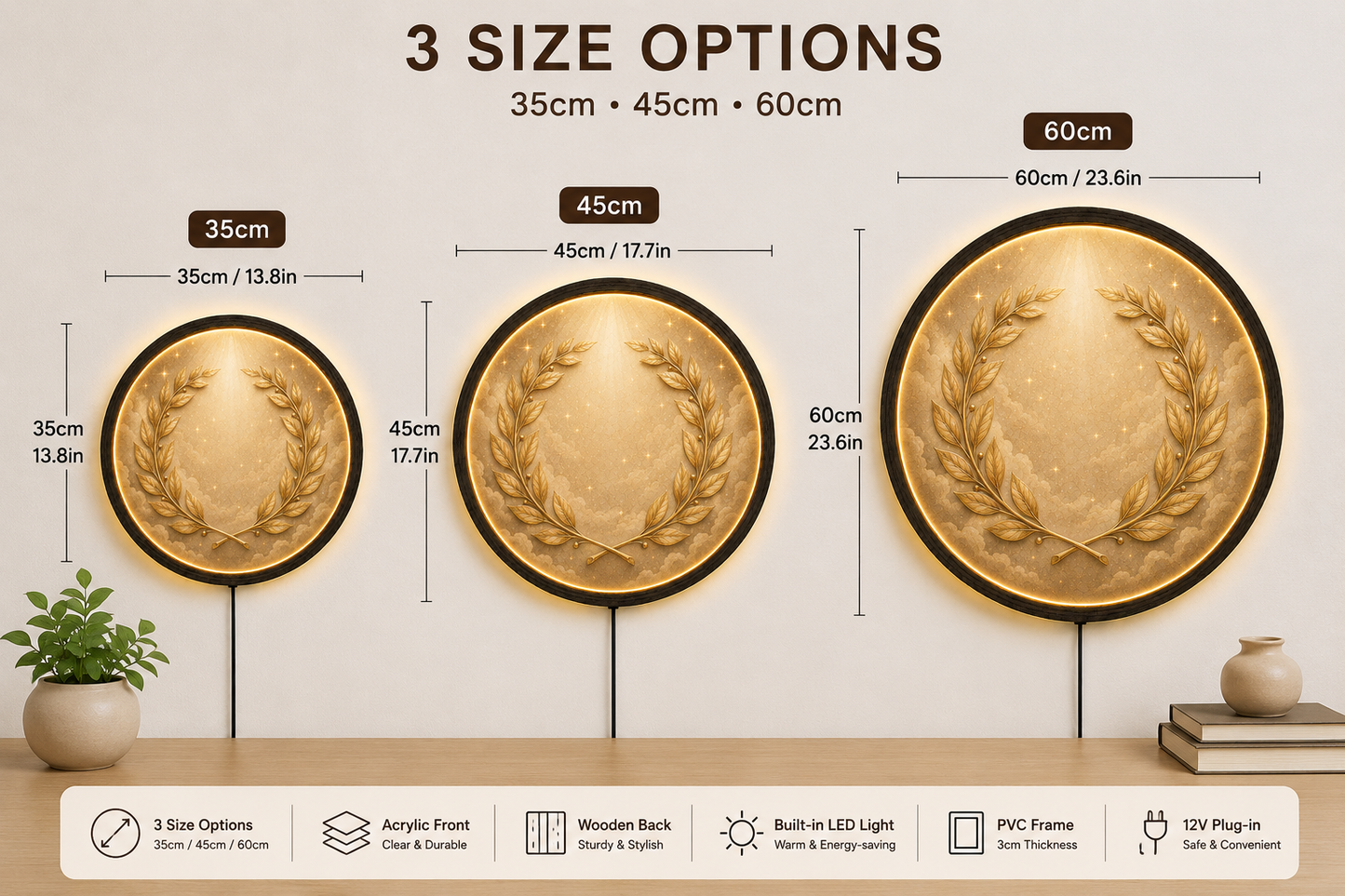 Laurel Wreath LED Wall Decor, Round Wooden Frame Light, Roman Inspired Wall Art