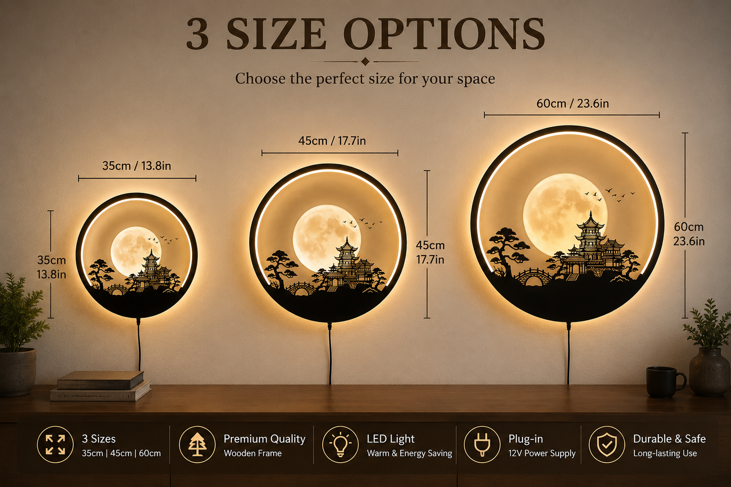 Japanese Pagoda LED Wall Decor, Moon Wall Light, Zen Home Decor, Plug In Wall Lamp, Asian Living Room Art