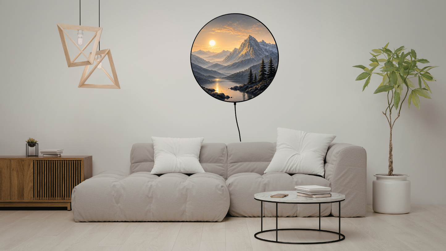 Round LED Mountain Wall Lamp, Modern Landscape Light, Minimalist Wall Decor, Scenic Night Light, Unique Home Gift