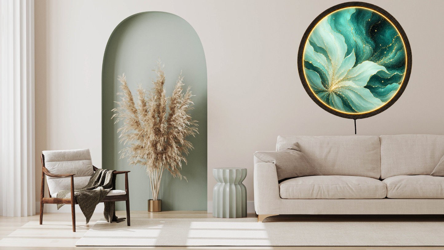 Mint Flower LED Wall Art, Round Botanical Light, Acrylic Wall Decor Gift