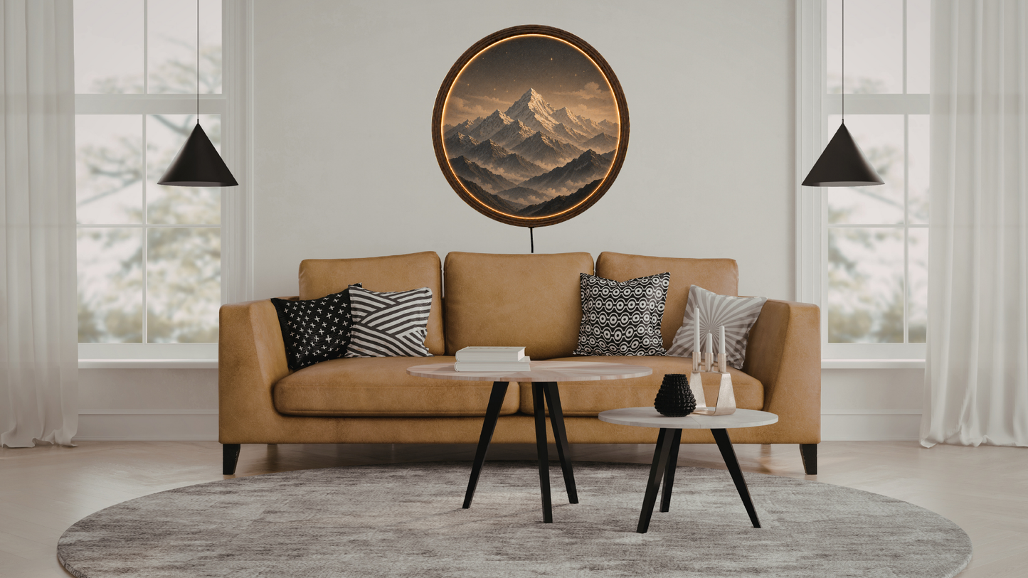 Himalaya Mountain LED Wall Decor, Round Wooden Frame Light, Nature Landscape Wall Art