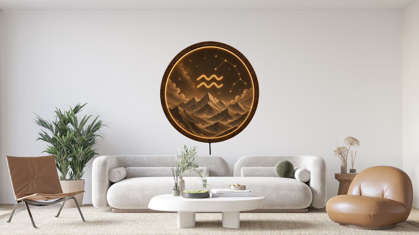 Aquarius Zodiac Wall Art with LED Light, Astrology Decor, Round Wooden Frame Lamp