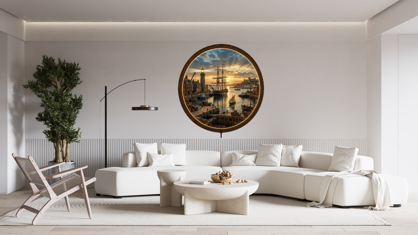 Harbor Sunset LED Wall Decor, Round Coastal Wooden Frame Light, Nautical Wall Art