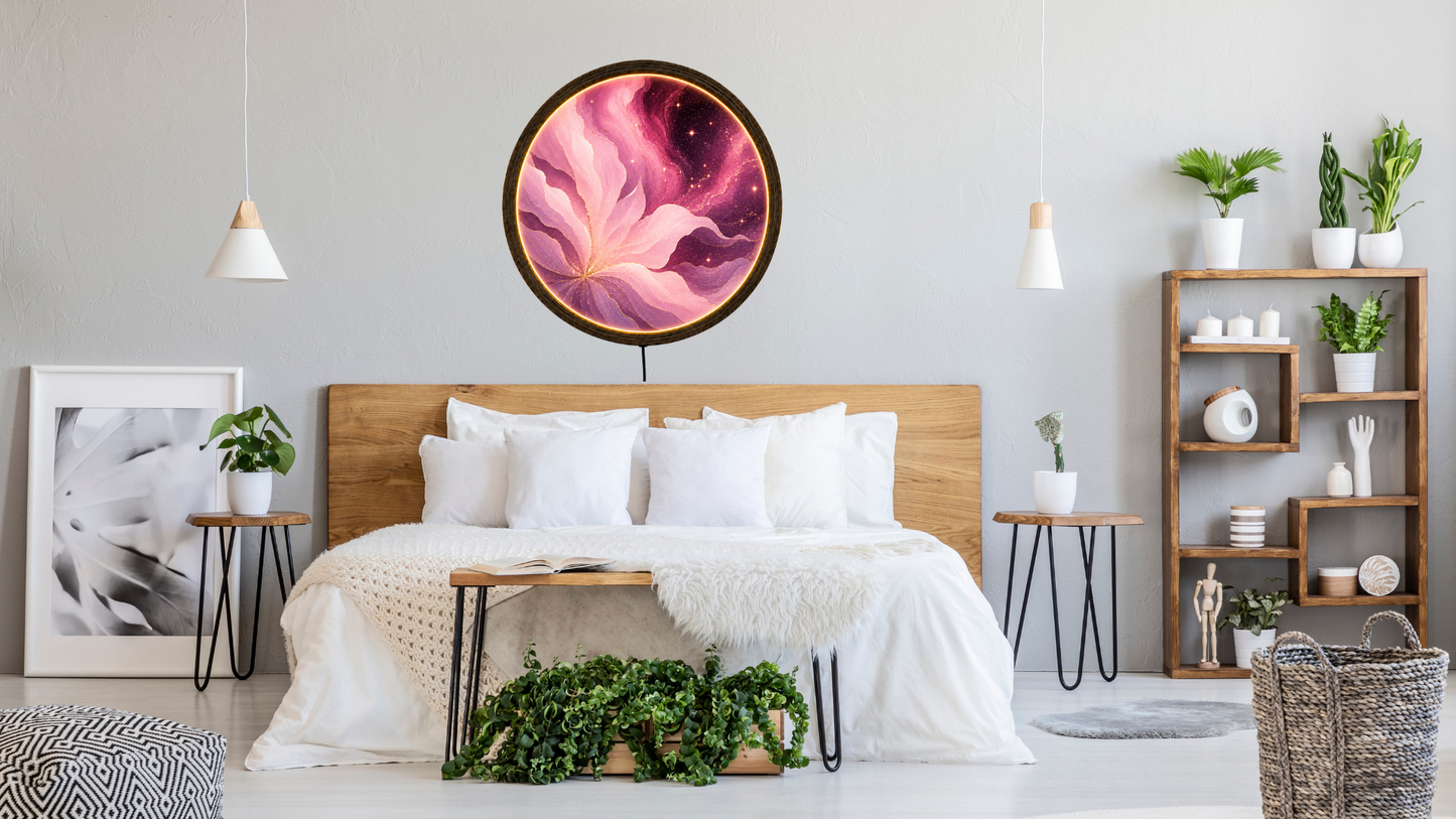 Pink Purple LED Wall Decor, Round Wooden Frame Light, Abstract Wall Art