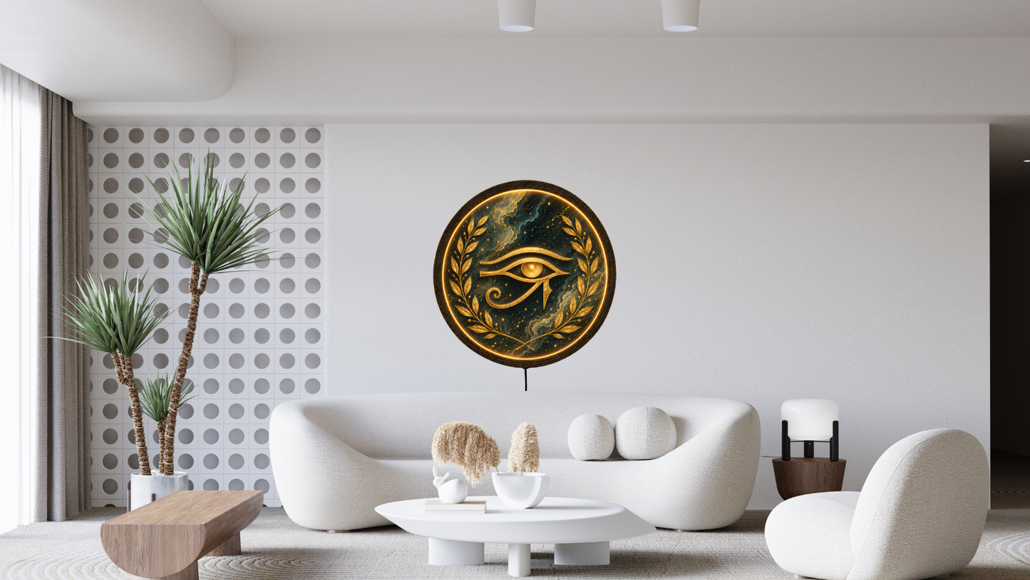 Eye of Horus LED Wall Decor, Round Wooden Frame Light, Egyptian Wall Art