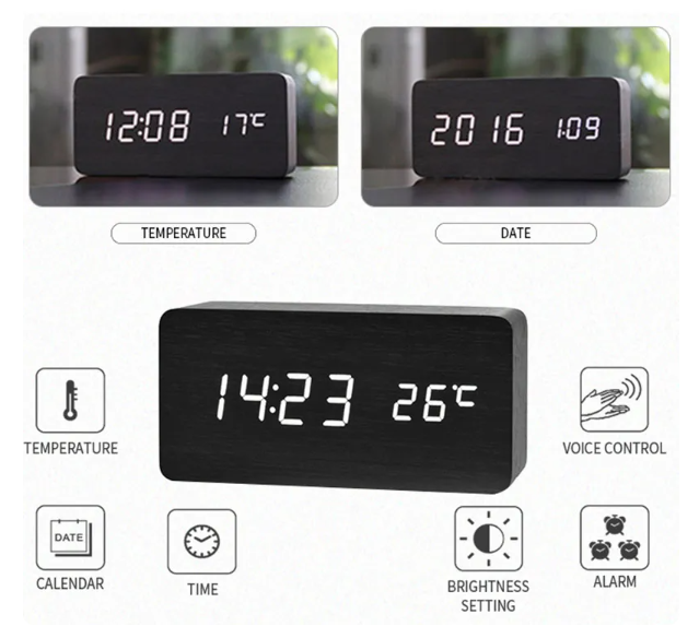 Wooden Digital Alarm Clock, LED Alarm Clock with Temperature Desk Clocks for Office,Bedside Clock