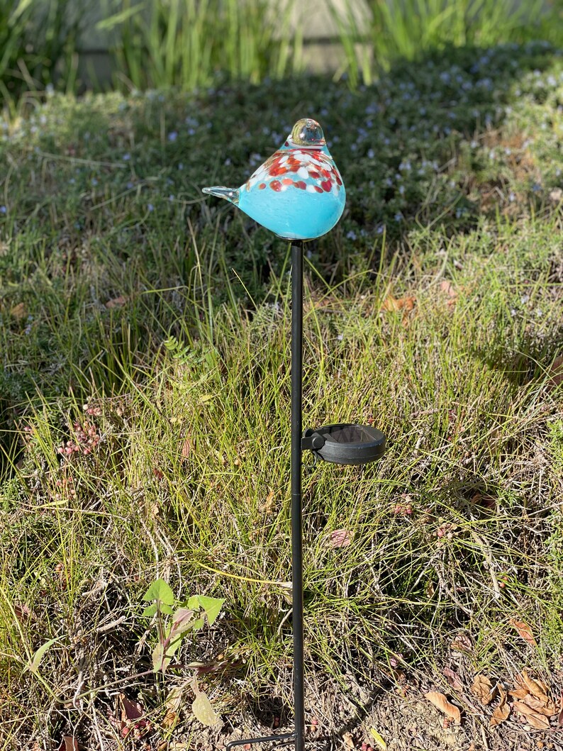 Set of 2 Handmade Art Glass LED Solar path garden lights - Bird Sun Catcher Garden Stake Statue Figurine