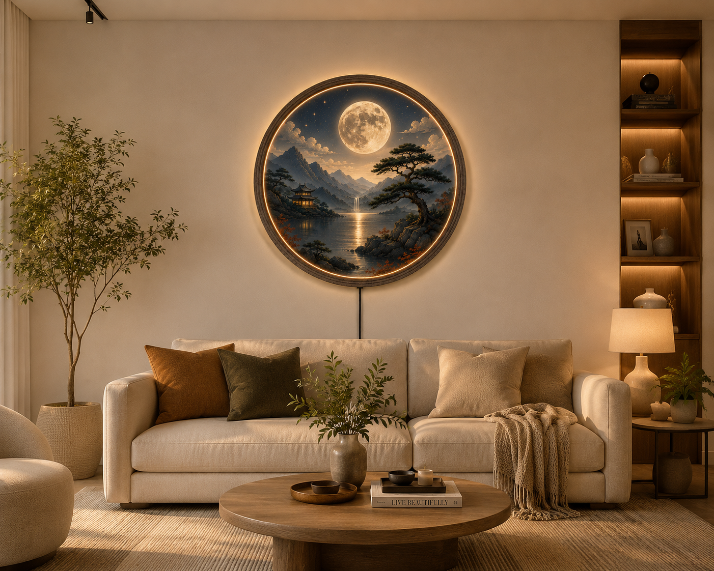 Round LED Wall Art, Japanese Moon Wall Decor, Lighted Wooden Wall Hanging, Zen Landscape Wall Art, Bedroom Living Room Decor