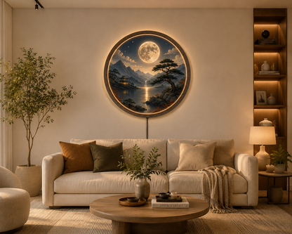 Round LED Wall Art, Japanese Moon Wall Decor, Lighted Wooden Wall Hanging, Zen Landscape Wall Art, Bedroom Living Room Decor