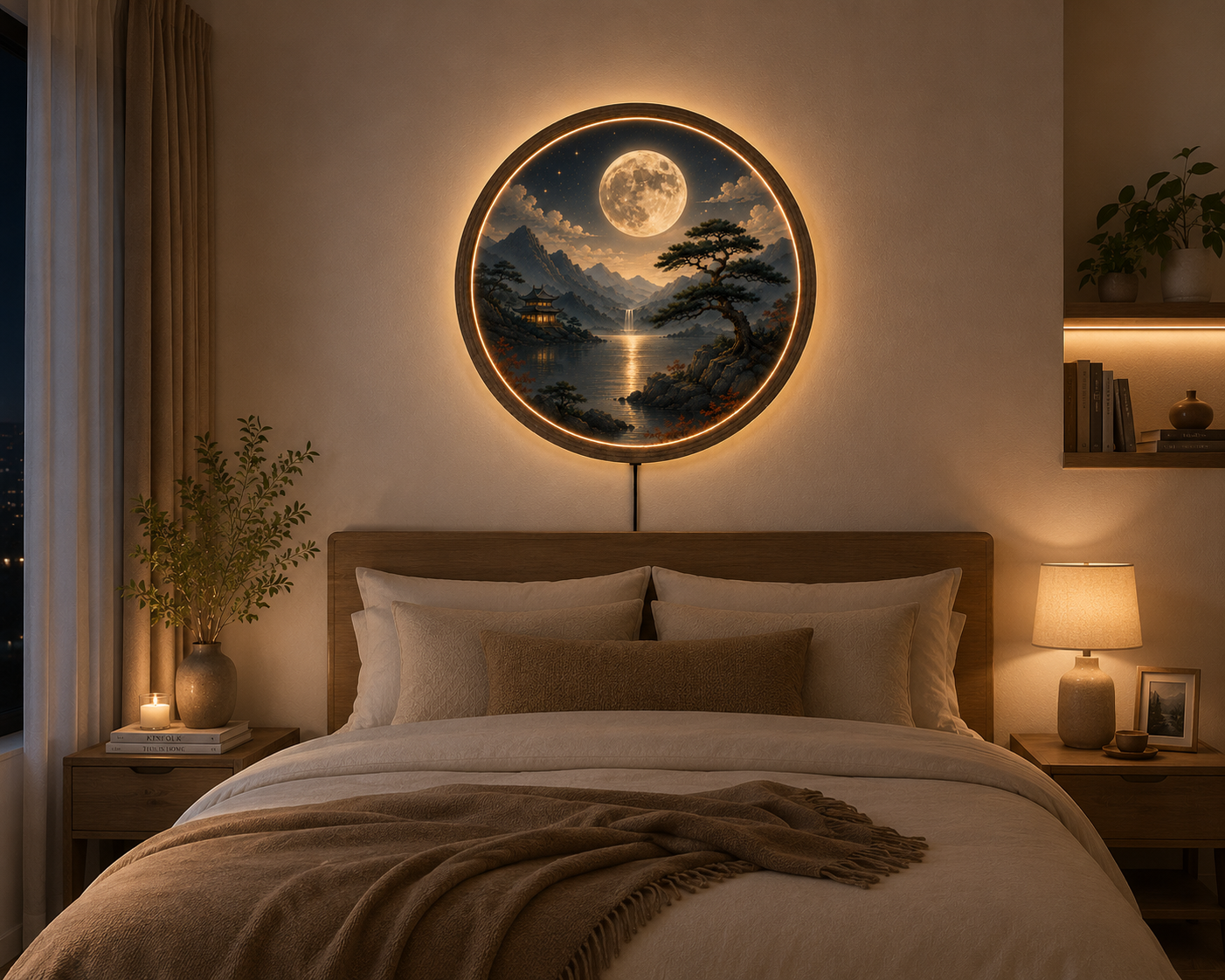 Round LED Wall Art, Japanese Moon Wall Decor, Lighted Wooden Wall Hanging, Zen Landscape Wall Art, Bedroom Living Room Decor