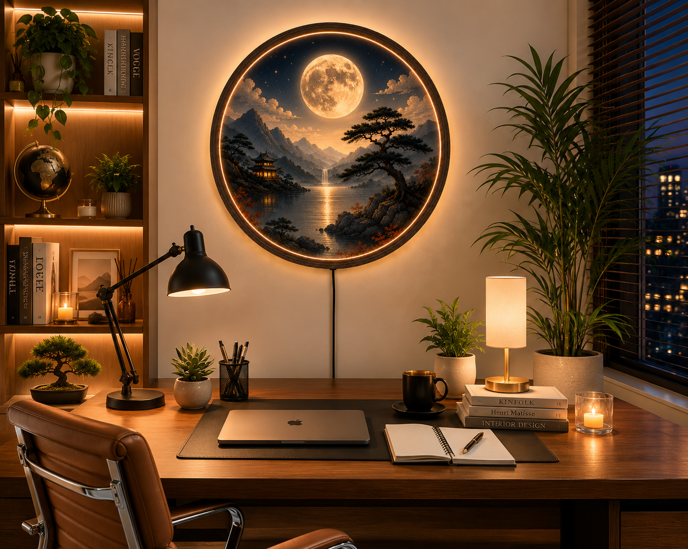 Round LED Wall Art, Japanese Moon Wall Decor, Lighted Wooden Wall Hanging, Zen Landscape Wall Art, Bedroom Living Room Decor