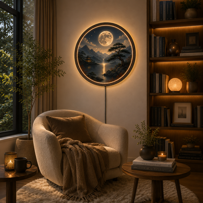 Round LED Wall Art, Japanese Moon Wall Decor, Lighted Wooden Wall Hanging, Zen Landscape Wall Art, Bedroom Living Room Decor