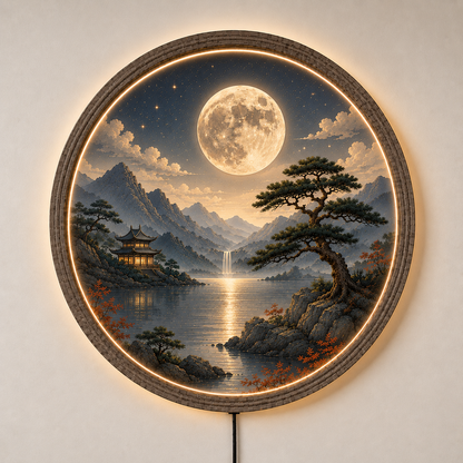 Round LED Wall Art, Japanese Moon Wall Decor, Lighted Wooden Wall Hanging, Zen Landscape Wall Art, Bedroom Living Room Decor