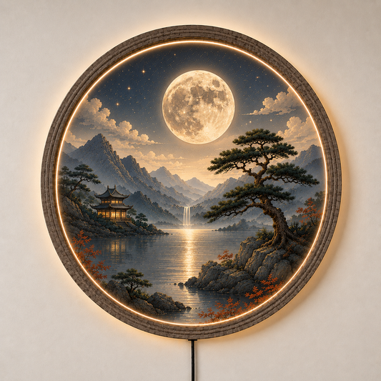Round LED Wall Art, Japanese Moon Wall Decor, Lighted Wooden Wall Hanging, Zen Landscape Wall Art, Bedroom Living Room Decor