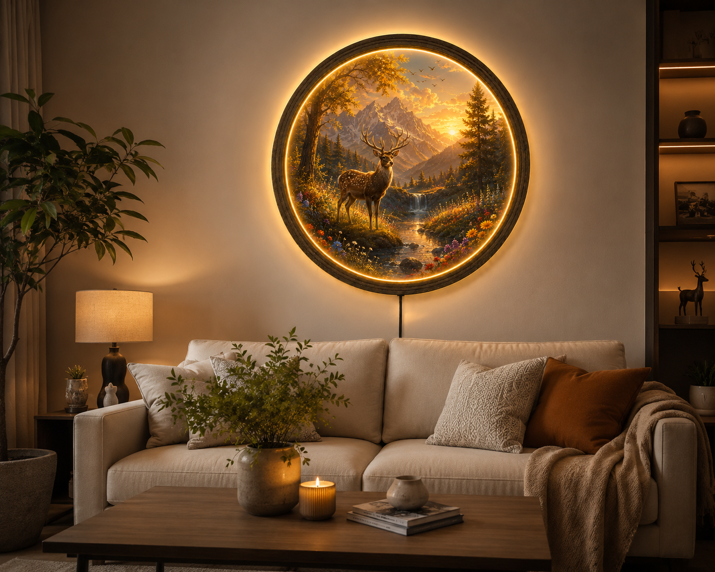 LED Deer Wall Art, Lighted Forest Wall Decor, Round Woodland Night Light, Rustic Cabin Decor, Acrylic LED Wall Hanging, Nature Gift